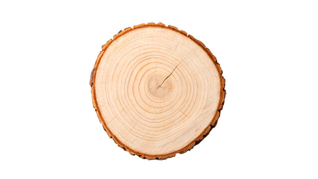 Round wooden log cross section slice showing natural annual tree rings isolated on transparent background cut out