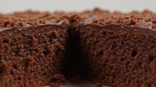 Close-up view of rich, moist dark chocolate cake with chocolate ganache frosting and cookie crumbs, showing the freshly cut interior texture and crumb detail.