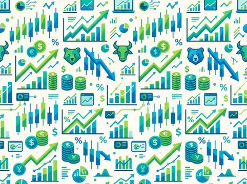 Seamless pattern with stock market trading icons including bull and bear heads, candlestick charts, growth arrows, stacks of coins, and financial data graphs on a light white background