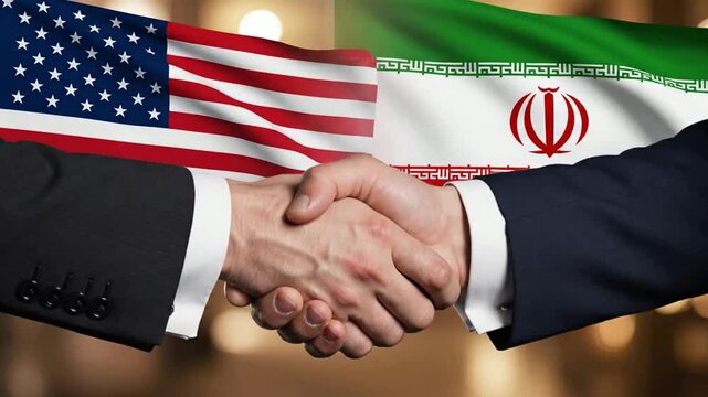 Usa and iran diplomatic handshake: business agreement and international relations concept with national flags in background