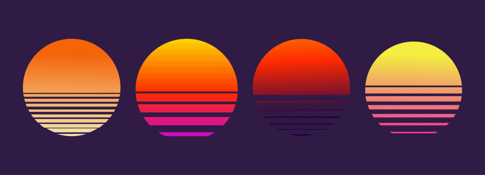 Retro wave sun ser, sunset or sunrise 80s style. Vaporwave, sun, beach, retro, sunset on dark background. Glowing outrun sun. Sci-fi, cyber abstract poster, print