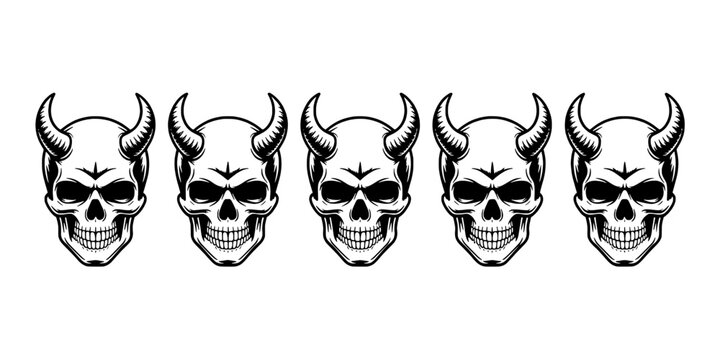 Skull horns icon set in monochrome line art, spooky biker style emblem for tattoos, stickers, and Halloween graphics