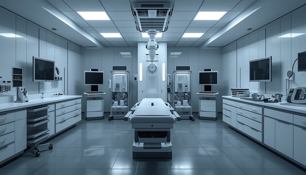 Modern operating room interior with advanced medical equipment, surgical table, and monitors in a sterile clinical environment