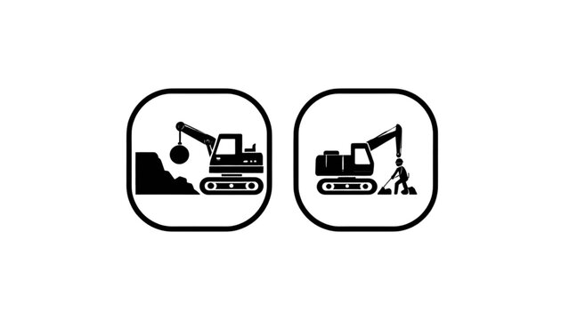 Black demolition and construction work icon set featuring machinery like a wrecking ball and excavator, workers, cleanup tools, and safety equipment for building deconstruction