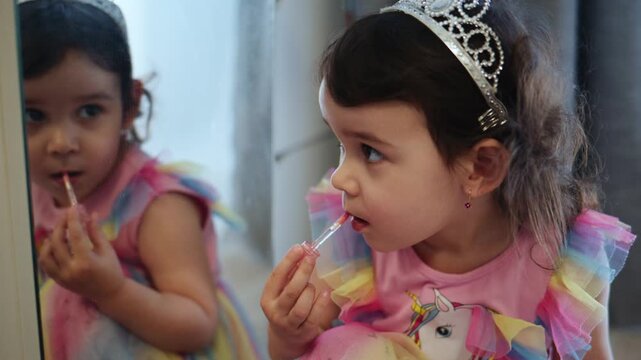 Young girl in a colorful dress and tiara applies lipstick while looking at herself in a mirror. She shows playful concentration, smiling softly as she mimics adult behavior