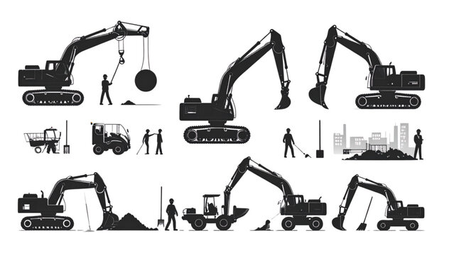 Black demolition and construction work icon set featuring machinery like a wrecking ball and excavator, workers, cleanup tools, and safety equipment for building deconstruction