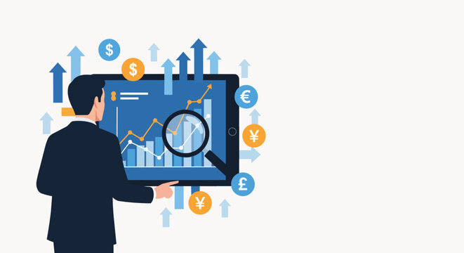 Man in suit analyzing financial chart on tablet with magnifying glass, currency symbols and upward arrows, ideal for financial analysis, investment strategy and business growth.