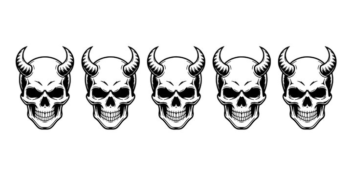 Skulls with horns set featuring detailed black and white designs featuring devil, graphic, design with illustration and vector elements for art, dark