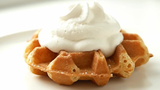 Close-up of a golden waffle topped with a swirl of fluffy whipped cream on a white plate, perfect for dessert or brunch