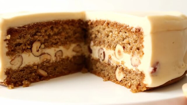 Appetizing close-up of layered hazelnut cake slice showing moist sponge, creamy filling, and thick white frosting against a clean white background.