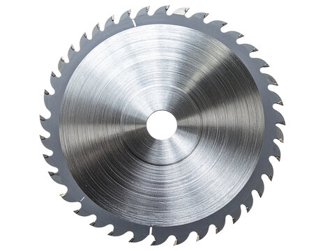 An isolated industrial steel circular saw blade features sharp cutting teeth engineered like a mechanical gear for machinery equipment