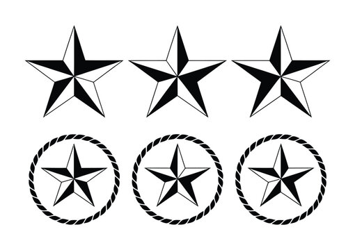 Nautical Star and Sheriff Star Vector Set, Lone Star, Outline and Silhouette Design Elements Collection for Badges, Logos, Emblems and Decorative Graphics