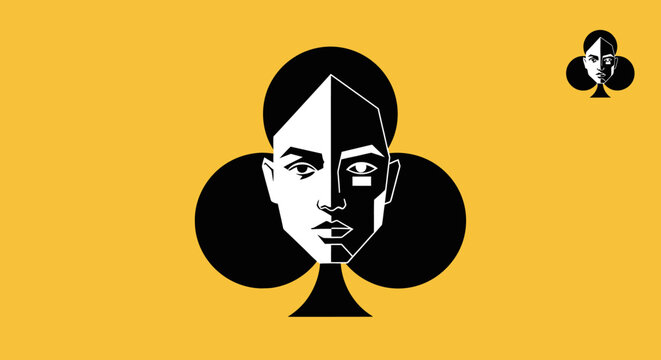 Stylized black and white portrait of a woman's face on spade symbol yellow background