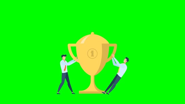 Gold cup trophy symbol icon in flat style, team support, work. Concept of victory, competition, duel, fight. Business success strategy. First place among competitors. 2d flat animation. Alpha channel