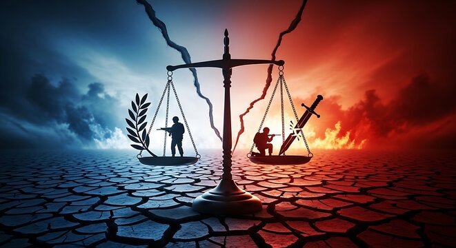 Dramatic Balance Scale Showing Peace and Conflict on Cracked Desert Ground