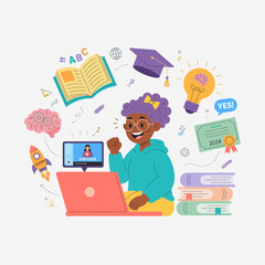 Fototapeta premium Happy young girl student learning online with laptop and books