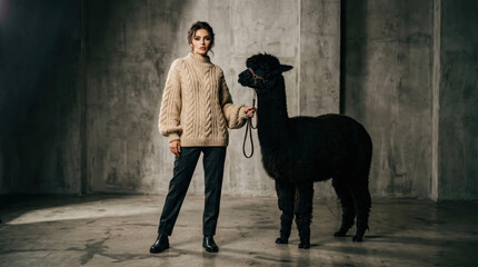 Naklejka premium Fashion model alpaca knit sweater cable knit studio concrete wall Fashion model standing with black alpaca leash studio with concrete wall, wearing beige cable knit turtleneck sweater and black