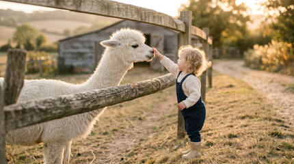 Obraz premium Toddler alpaca petting farm fence sunset child gently touching white alpaca nose over wooden fence on rural farm path during golden hour, tender bonding moment with soft light