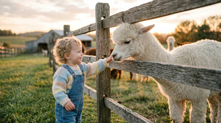 Naklejka premium Toddler child alpaca farm petting fence countryside sunset toddler reaching out with gentle curiosity to pet white alpaca through wooden fence farm sunset, warm light creating calm family moment