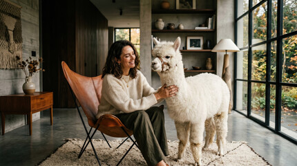 Obraz premium Woman alpaca living room modern interior natural light sustainable fashion cozy home lifestyle scene with smiling woman petting white alpaca near large window, minimalist decor, warm tones
