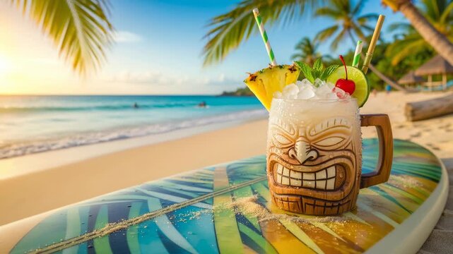 Tiki mug filled with tropical cocktail garnished with pineapple cherry and lime for summer drinks