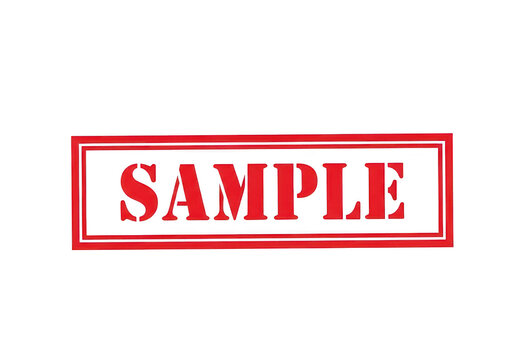 Red sample rubber stamp impression on a plain surface for product testing and demonstration marking for use and presentation isolated on a transparent background