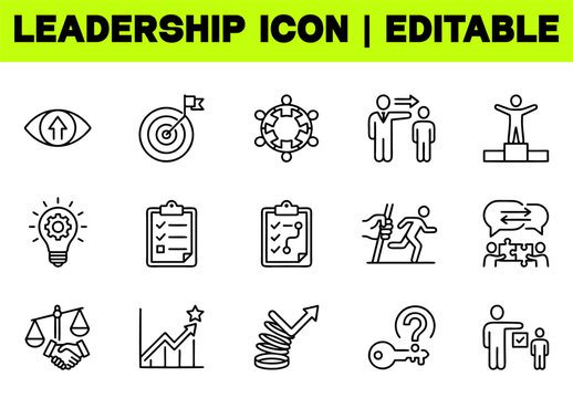 Leadership Line Icon Set &ndash; Leader, Team Management, Vision, Confidence and Strategic Direction Editable Vector Icons