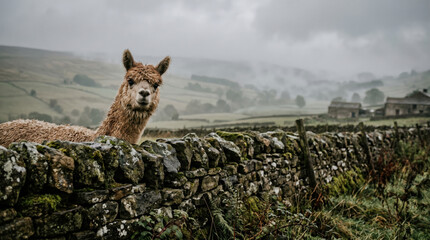Naklejka premium Alpaca stone wall countryside rural farm misty overcast sky pastoral landscape with curious alpaca peeking over mossy dry stone wall, rolling hills and distant farmhouse creating calm, rustic mood