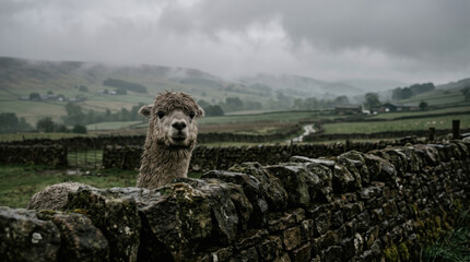 Naklejka premium Alpaca stone wall rural landscape countryside overcast sky farm field An alpaca peeking over traditional stone wall rural countryside landscape, misty overcast sky above rolling hills and farm
