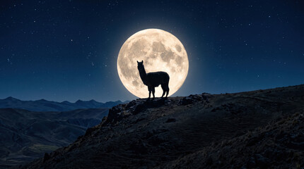 Naklejka premium Alpaca silhouette full moon night sky mountain ridge starry sky dramatic landscape Lone alpaca silhouette mountain ridge beneath full moon, starry night sky, rugged highland horizon creating