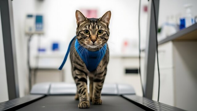 A tabby cat, wearing a blue harness, walks towards the camera on a treadmill in a clinic