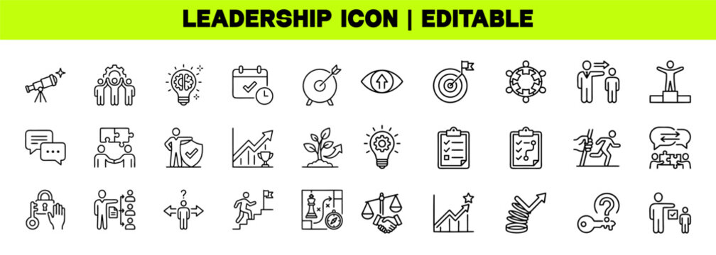 Leadership Line Icon Set &ndash; Leader, Team Management, Vision, Confidence and Strategic Direction Editable Vector Icons