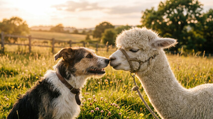 Naklejka premium Farm dog alpaca touching nose meadow sunset friendship Farm dog and alpaca touching nose meadow during sunset, calm rural scene with warm golden light, green grass, fence line, animal