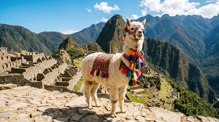 Naklejka premium Alpaca Machu Picchu Peru mountain Inca ruin Andes traditional textile colorful white alpaca wearing traditional colorful textile and tassel ornaments, standing stone terrace Machu Picchu Peru with