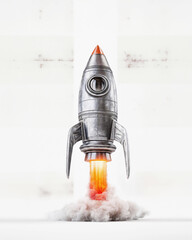 Obraz premium Launch of a rocket isolated on clear concepte white background, made of precious metal. Successful start concept. Poster with copy space.