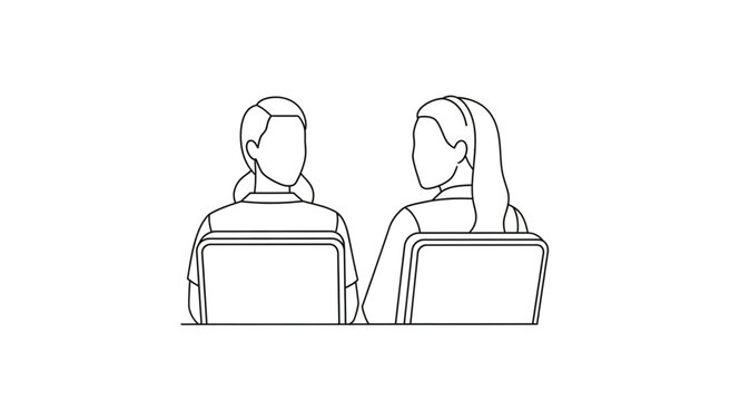 Two people sitting on chairs facing away from the viewer in a simple line drawing style.