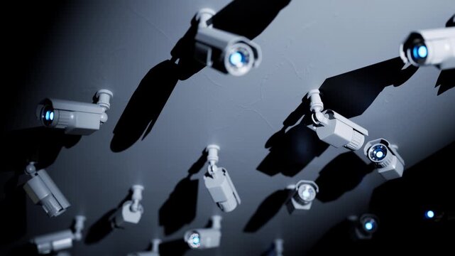 A dense array of surveillance cameras continuously loops the footage.