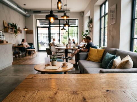 Cozy coffee shop interior with modern furniture and natural light