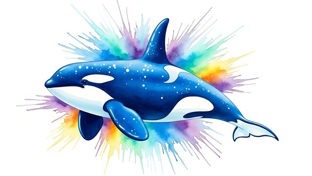A vibrant illustration of a killer whale breaching with a colorful splash background