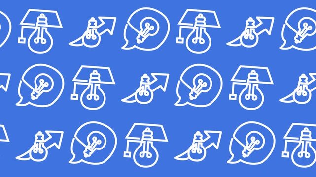 Seamless pattern of hand-drawn light bulb innovation icons on a blue background animation for creative thinking wallpaper and business brainstorming line art backdrop design.
