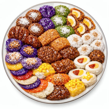 Top View of Traditional Filipino Kakanin Rice Cakes Platter Featuring Puto, Kutsinta, Sapin-Sapin, Biko, and Suman topped with Grated Coconut and Corn, Isolated on a White Background