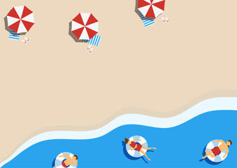 ビーチパラソルと浮き輪で浮かぶ人々のイラスト © junechild