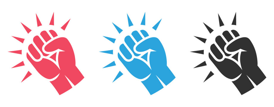 Fist Hitting Outline, Knocking Fist Icon Set in Red, Blue, and Black Variations, Human Hand Performing Knock Gesture with Impact Lines, Editable Vector Illustration Collection.