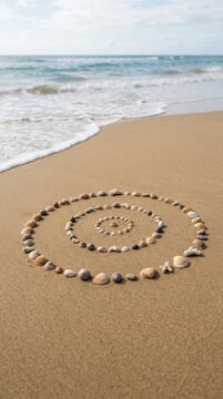 Seashells arranged in concentric circles on sandy beach near ocean. Creative art installation for World Oceans Day. Marine life conservation concept and peaceful summer nature scene.