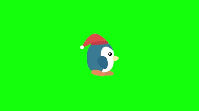 Cute chubby penguin in red Santa hat with white pom-pom, waddling side-to-side with short orange feet stepping rhythmically.  Isolated on vivid green screen, seamless looping walk cycle, crisp flat.