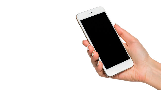 Hand holding a modern smartphone mobile device with clean blank black screen isolated on transparent background