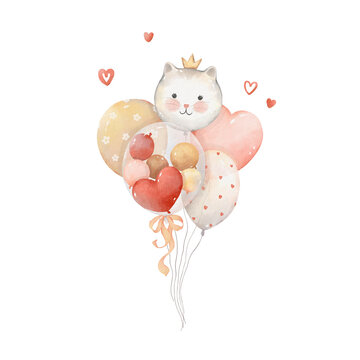 Watercolor painting card with bouquet of cute balloons, cat with crown, hearts and bow. Isolated design concept for decoration childish party, holiday, greeting or invitation cards, banner or textile
