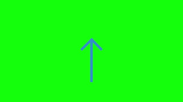Bright blue upward arrow continuously scrolling from bottom to top with smooth motion blur trail. Isolated on vivid green screen, crisp flat vector style, 60fps UI animation.