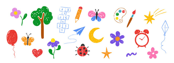 Chalk scribble set childlike elements, crayon pencil kindergarten doodle icons. Preschool bug, stars, flowers, games in sketch style © Alyona