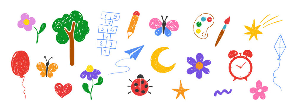 Chalk scribble set childlike elements, crayon pencil kindergarten doodle icons. Preschool bug, stars, flowers, games in sketch style